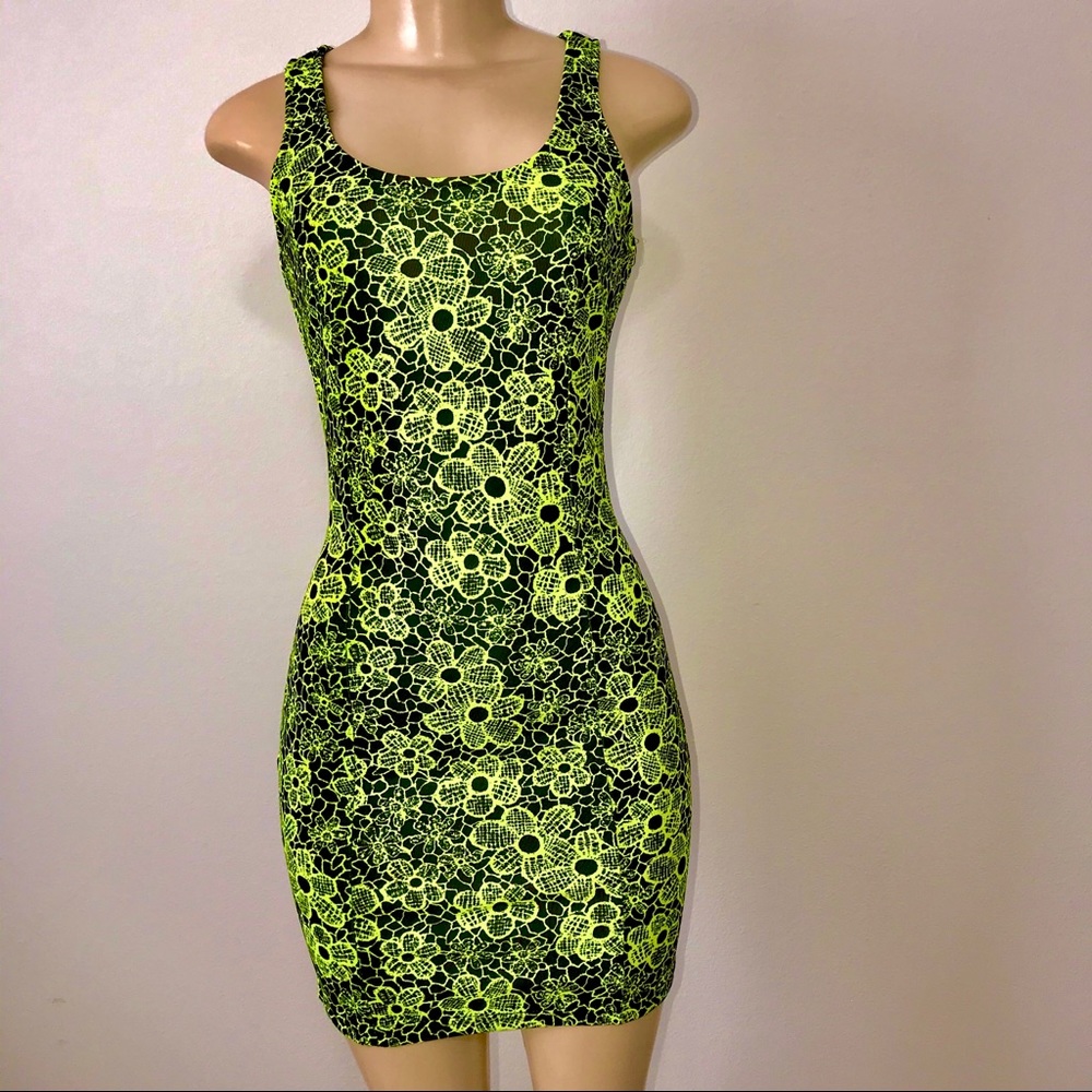 Miami Nights Black and Neon Green Floral Print Bodycon Dress